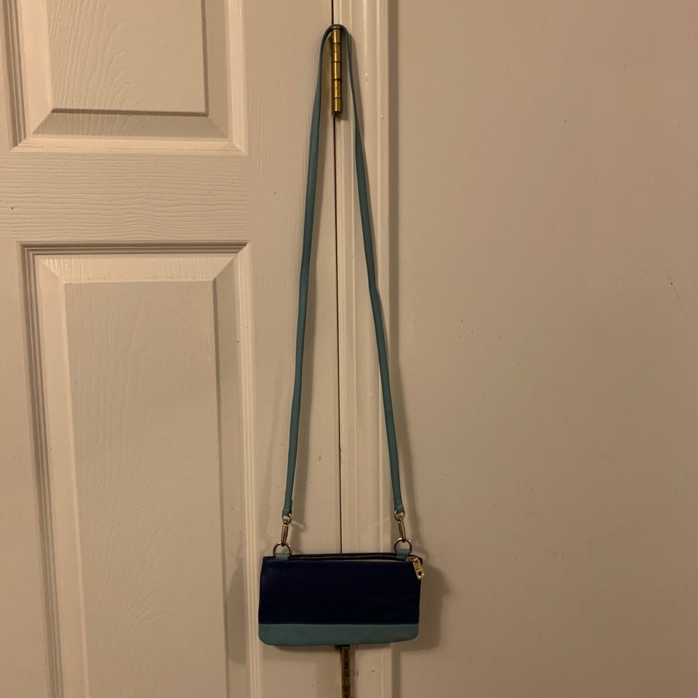 OROTON Leather Crossbody Mini Bag Blue Colorblock Removable Strap Card Holder - Picture 3 of 10